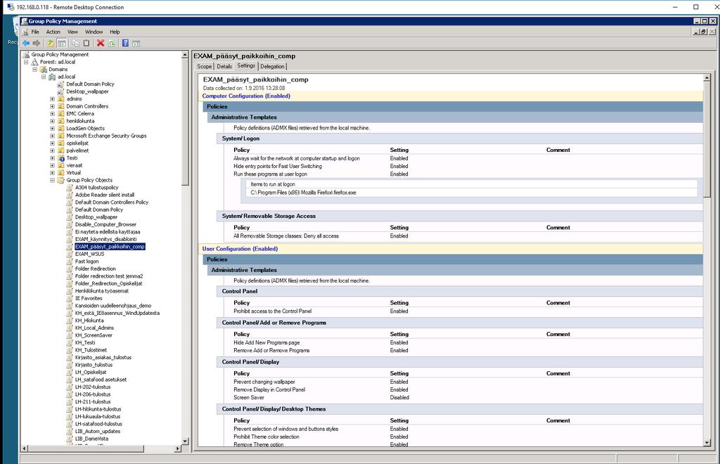 13 4.3 Group Policy Management Group Policy Management Tool, joka tuo käytettäväksi hallintakonsolin, jolla voidaan