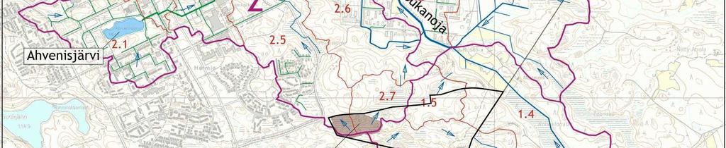 Houkanojan valuma-alue voidaan Kauhakorvenkadun eteläpuolella jakaa Ruskon maankaatopaikan hulevesiselvityksen 3 mukaisesti kolmeen