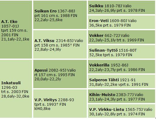 Mayatuuli 29,4ake 5 480 i. Apassi 2009 r. Bofori 29,3ke 3 910 i. A.T. Eko 3. emä V.P. Virkku-Lintu VALIO 30,1aly 1980 t. Myrskylintu 25,6aly 91 208 i. Hilu 1983 o. Linnun-Liito 27,8aly 20 249 i.