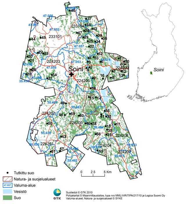 Soinissa tutkitut suot ja niiden turvevarat Osa 1 Kuva 1. Soinin turvetutkimusraportin osan 1 suot.