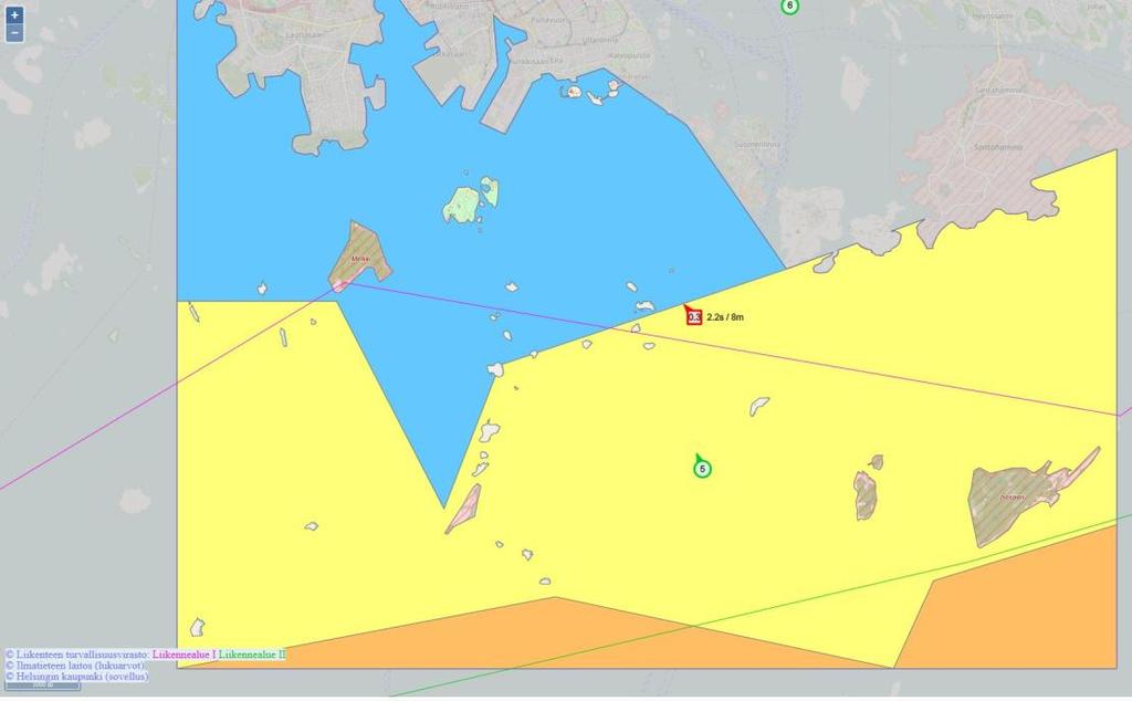 22 (27) Mittausasemat ja varoitusvärit kartalla Sininen alue: Merkitsevä aallonkorkeus alle 0.25 m (Korkeimmat aallot alle 0.5 m) Keltainen alue: Merkitsevä aallonkorkeus 0.25-0.