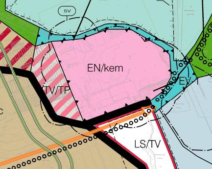 Terveys ja turvallisuus: Voimalaitokseen liittyvät riskit on huomioitu kaavassa Sininen: maakaasupalon lämpösäteilytehon ulottuvuudet Vihreä: suunnitellun biomassavaraston tulipalon savukaasujen
