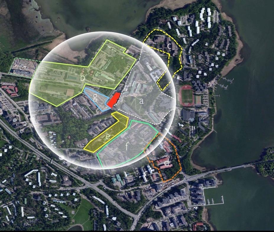 A! as a City CLUSTER blocks with different identities a-g CONCENTRATE encounters to one central main public space COLLABORATE thematically within university