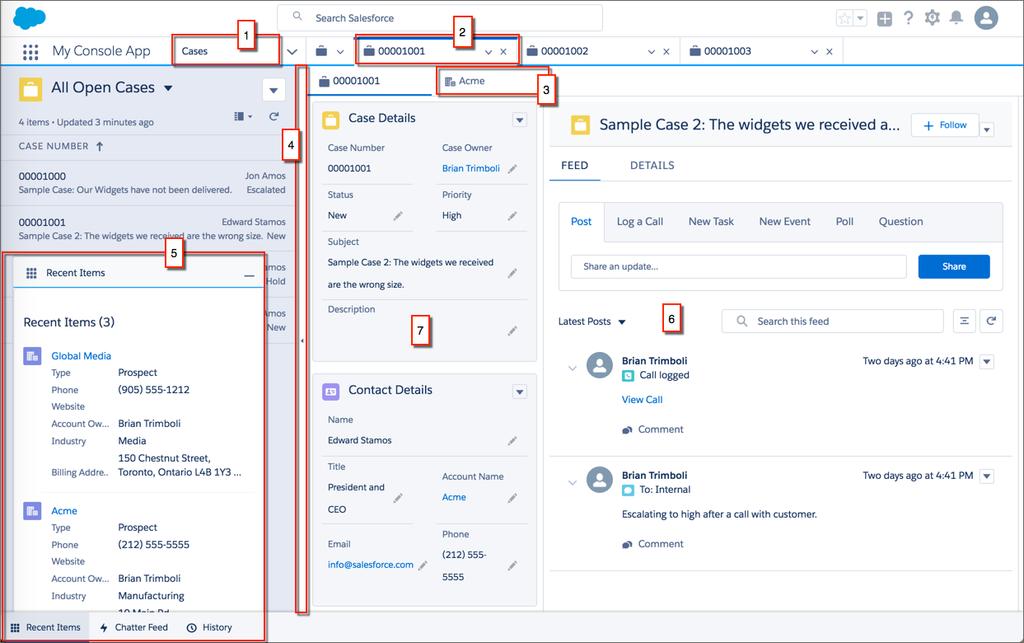 Salesforce-konsoli Lightning Experiencessa Lightning-konsolisovelluksen käyttöliittymä Lightning-konsolisovellus toimii näin: (1) Valitse objekteja navigointipalkista.