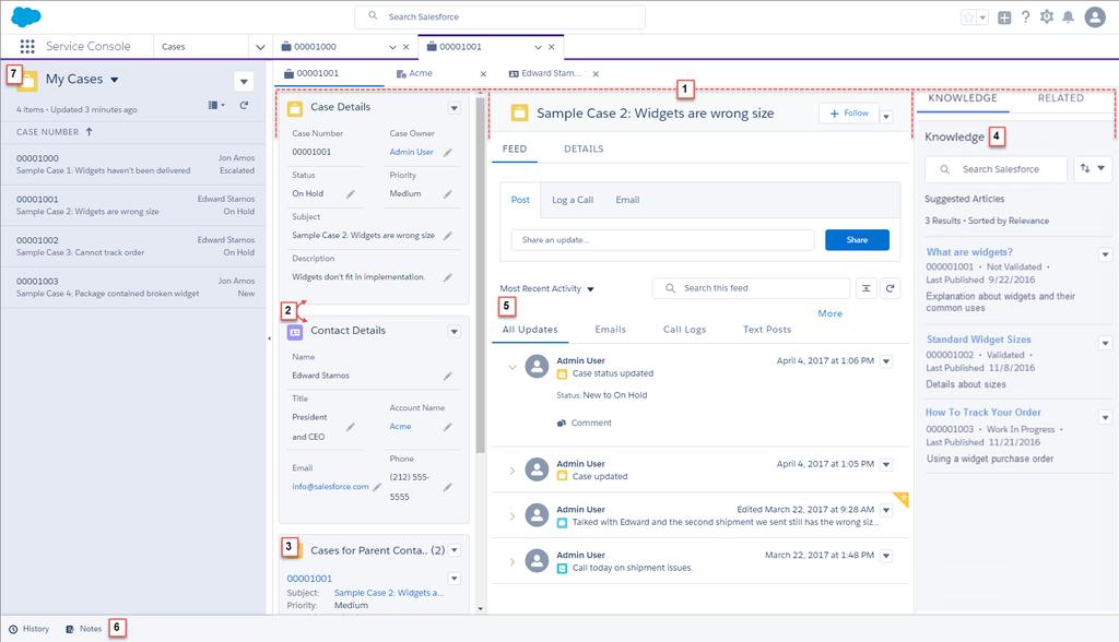 Lightning Service Console Käyttövalmiiseen Service Console -sovellukseen sisältyy: Tapauksille esimääritetty Lightning-sivu, joka käyttää kolmisarakkeista asettelua (1) ja sisältää Asiaan liittyvä