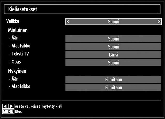 Kielimieltymysten konfigurointi Voit käyttää TV:n kielasetuksia tätä valikkoa käyttämällä. Paina MENU-painiketta ja valitse viides kuvake tai painiketta käyttämällä.