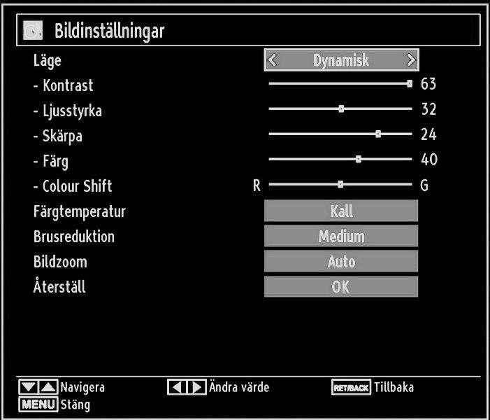 Tryck på OK-knappen för att visa inställningsmenyn för bild. Panoramisk Detta sträcker vänster och höger sida av normalbilden (bildformat 4:3) till att täcka skärmen, utan att bilden verkar onaturlig.