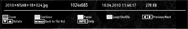 Jump (Numeric buttons):jump to selected file using the numeric buttons. OK: Views the selected picture in full screen. Slideshow (GREEN button): Starts the slideshow using all images.