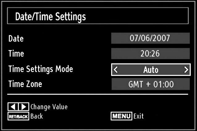 Configuring Date/Time Settings Select Date/Time in the Settings menu to confi gure Date/Time settings. Press OK button. Select Sources in the Settings menu and press OK button.