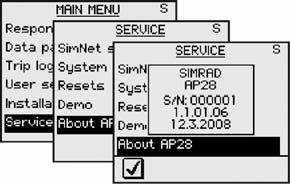 About AP28 About AP28 menu kertoo autopilotin mallin, sarjanumeron, ohjelmistoversion numeron