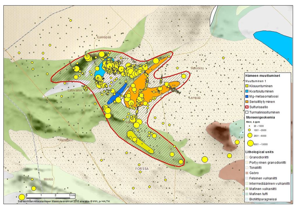 Havaintoja muuttumisesta Hämeen kallioperässä 11 vulkaniitti, joka on tulkittu porfyyri-cu-mineralisaation yläpuolella olevaksi muuttumisvyöhykkeeksi (Tiainen et al. 2013). Kuva 3.