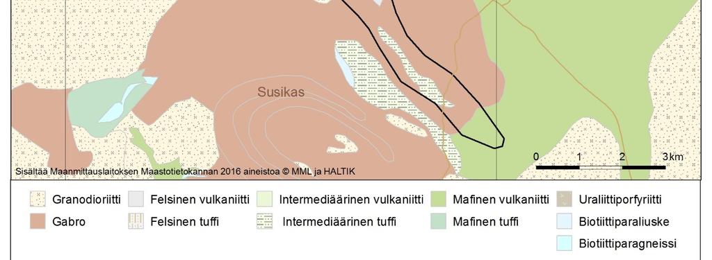 lohkareviitteitä ja geokemian anomalioita kuparin ja kullan mineralisoitumisesta n. 4 x 2 km alueella (kuva 11). Liesjärvi sijaitsee Arolanmäen granitoidin itäreunalla.