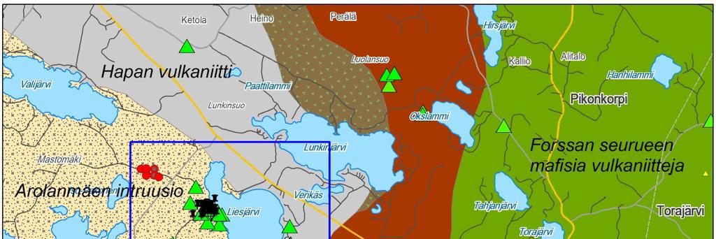 Havaintoja muuttumisesta Hämeen kallioperässä 16 Kuva 11. Liesjärven Au-Cu kriittinen alue rajattuna kallioperäkartalle.