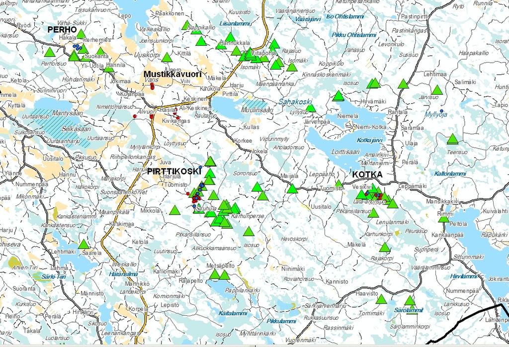 Kotkan ja Pirttikosken alueen malmiviitteet (=vihreät kolmiot), kairauspaikat punaisina pisteinä. 4.2.