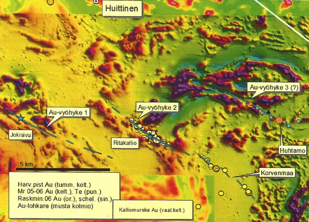 Havaintoja muuttumisesta Hämeen kallioperässä 39 Kuva 36.Aerogeofysiikan ja geokemian perusteella hahmoteltuja kultakriittisiä hiertovyöhykkeitä Huittisten alueella (kuva Saku Vuori 2006). 4.
