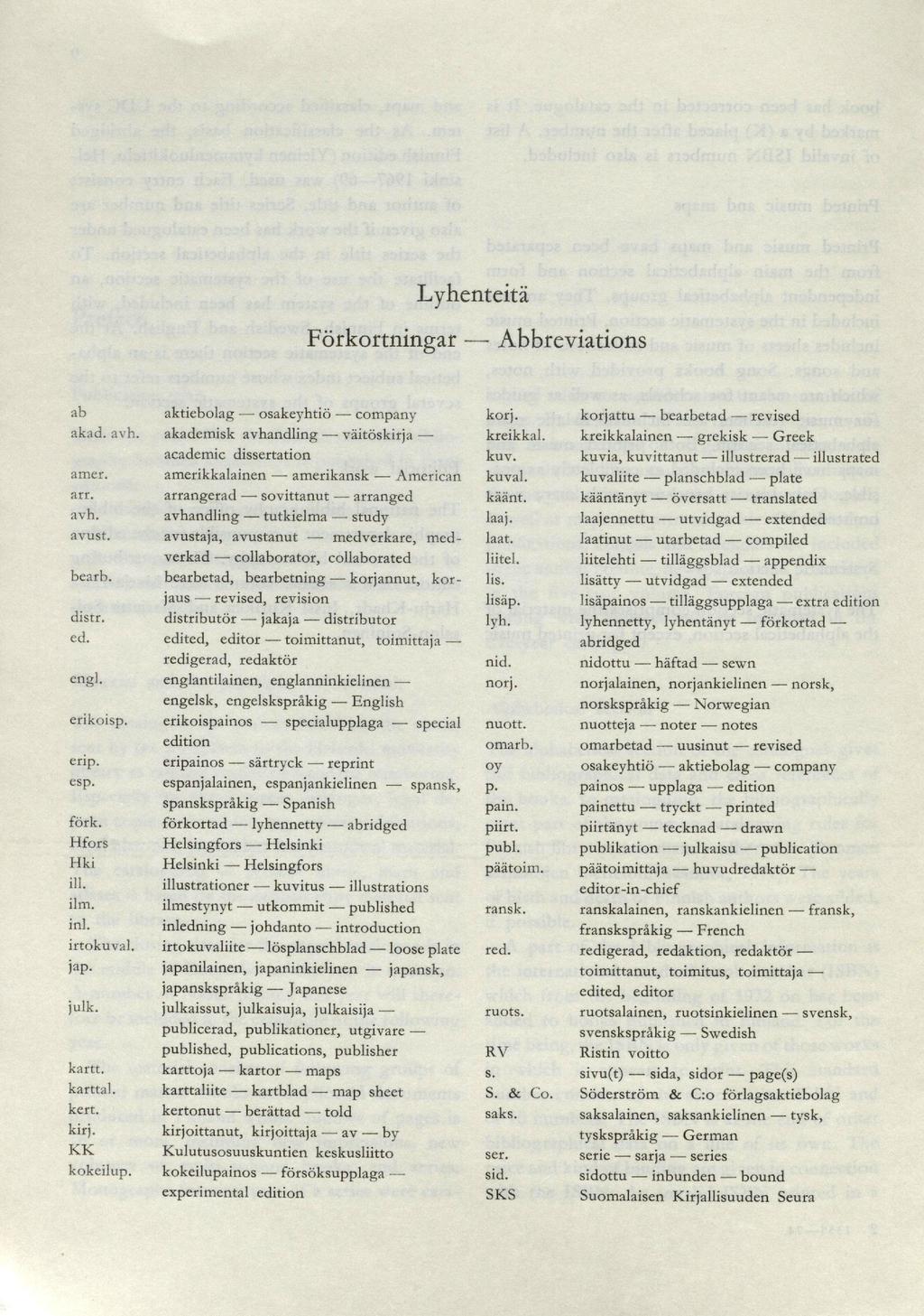 Lyhenteitä Förkortningar ab akad. avh. amer. arr. avh. avust. bearh. disrr. ed. engl. erikoisp. erip. esp. förk. Hfors Hki ill. ilm. inl. irtoku val. jap. julk. kartt. karttal. kert. kirj.