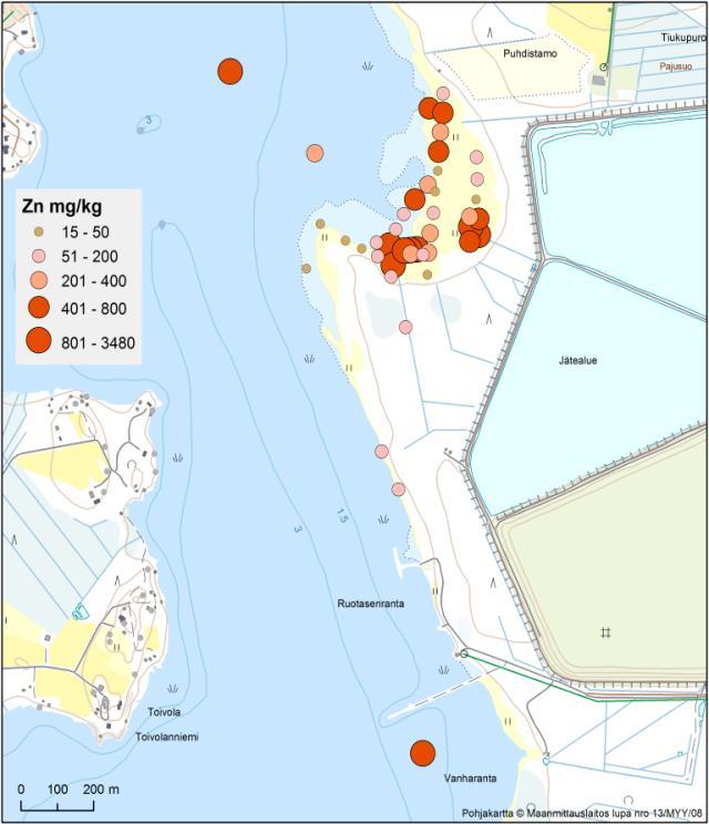 ARKISTORAPORTTI 59/215 2 Kuva 12. Sinkin ja kuparin happoliukoisen pitoisuuden jakautuminen tutkimuskohteiden pintasedimenttikerroksessa, Pyhäsalmen kaivoalue, Pyhäjärvi.