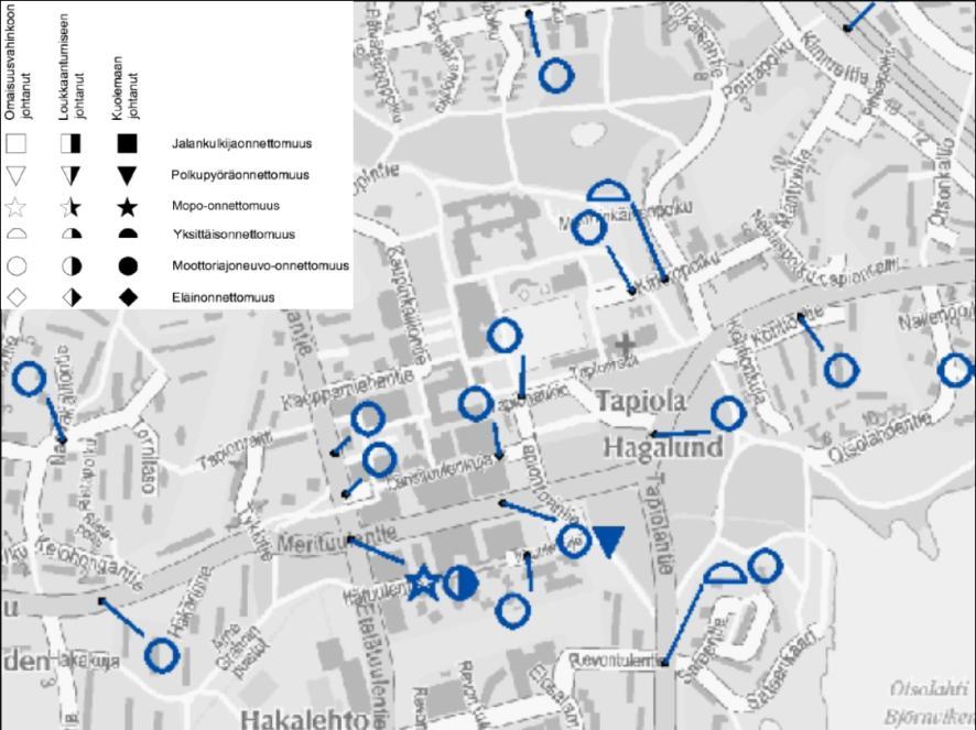 Vuonna 2009 Tapiolan keskustassa on sattunut 14 poliisiin tietoon tullutta liikenneonnettomuutta. Suurin osa onnettomuuksista oli moottoriajoneuvo-onnettomuuksia.