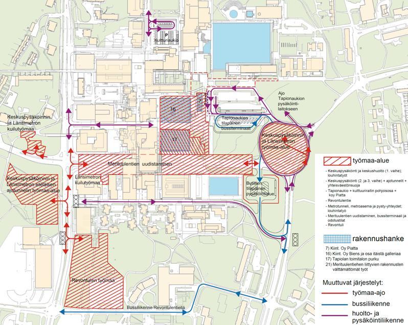 Tapiolan keskuksen alueelta on laadittu työmaajärjestelysuunnitelmat, jotka yleisellä tasolla osoittavat tulevat työmaat ja niihin liittyvät
