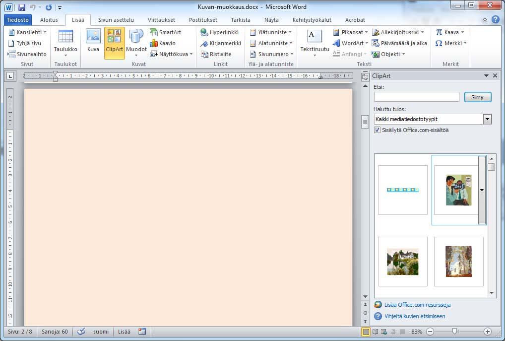 ClipArt-kuvien lisääminen ClipArt on Microsoft Office ohjelma-asennuksessa laitteellesi asennettu ilmaiskuvia sisältävä kuvakirjasto, jossa on satoja valmiita piirros-, animaatio-, ääni-, elokuva- ja