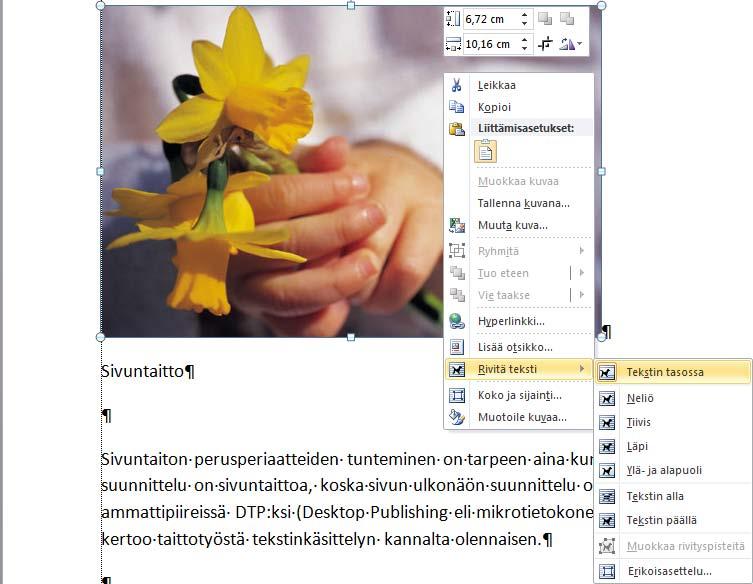 Kuvan asemointi tekstiin Lisättyäsi asiakirjaan kuvan on se asemoitava kirjoitettuun tekstiin. Harjoitustiedostot: Tasaukset&Taitto.docx Lisää esimerkkitiedostoon kuva ennen otsikkoa Sivuntaitto.