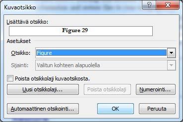 Otsikon esikatselu Omien otsikkolajien määrittelyyn siirtyminen Kuva 199 Otsikko ( Caption) - valintaikkuna Esiin tulevassa valintaikkunassa teet juoksevan kuvanumeroinnin valitsemalla Otsikko