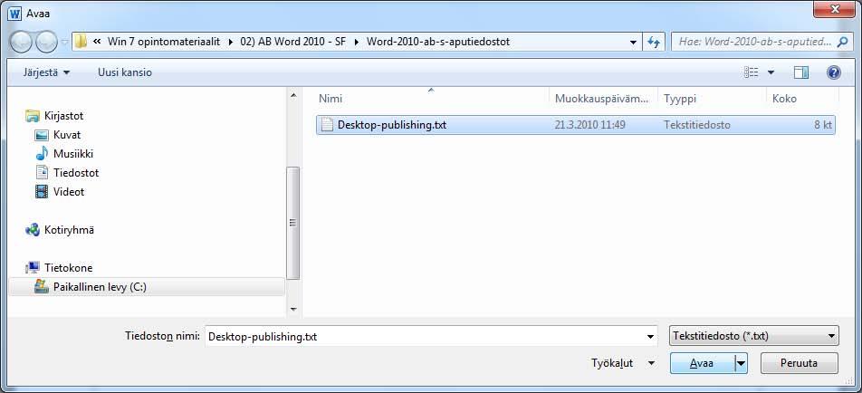 Tekstitiedoston avaaminen Valmiin tekstitiedon avaaminen Wordiin onnistuu myös. Se tapahtuu Tiedosto (File) -pudotusvalikon Avaa (Open) -komennolla.