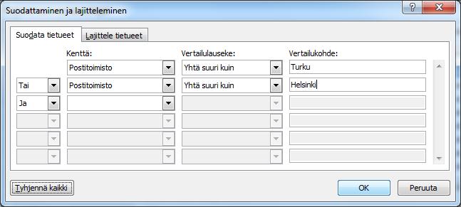 Kuva 225 Suodata ja lajittele (Filter and Sort) - valintaikkuna Postitoimisto-kentän suodatuksella voit tulostaa kirjeet vain Turkulaisille ja Helsinkiläisille. Määritä kentälle kaksi erillistä ehtoa.