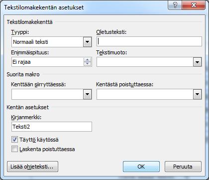 Kuva 254 Tekstilomakekentän asetukset ( Text Form Field Options) - valintaikkuna Tehtyäsi Vastaanottaja-tekstikentän