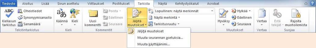 Muita Wordin ominaisuuksia Muutosten jäljittäminen Word 2010 Voit asettaa Wordissa päälle automaattisen muutosten seurannan, sen teet Tarkista (Review) -välilehden Seuranta (Tracking) -ryhmän