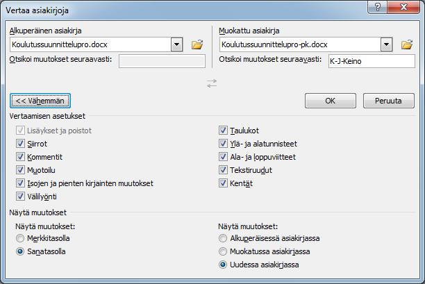 Lisää/Vähennä (More/Less) -painike Kuva 277 Vertaa asiakirjoja ( Compare Documents) - valintaikkuna Etsi verrattavat tiedostot molempiin yläosan kenttiin.