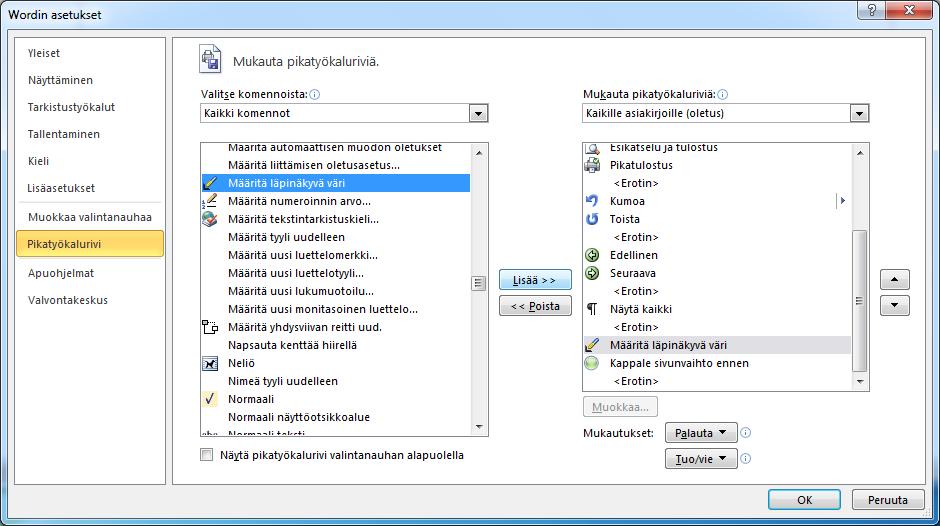 Kuva 286 Pikatyökalurivi ( Quick Access Toolbar) - välilehti Valitse Valitse komento (Choose commands from) -pudotusvalikosta Kaikki komennot (All Commands) -komentorivi.