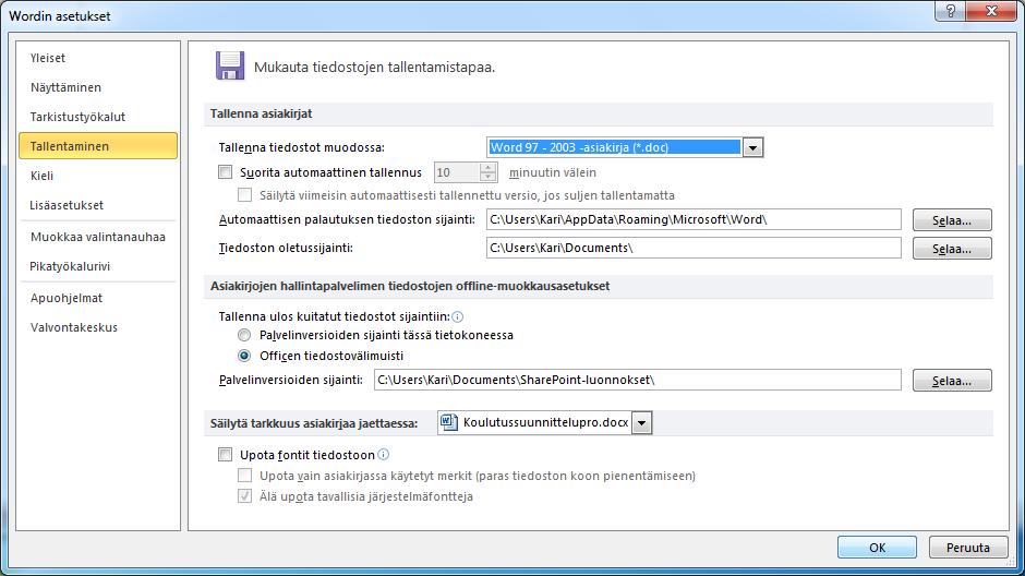 Ohjelman oletustallennusmuodon muuttaminen Microsoft Office Word -ohjelman oletustallennusmuoto on Office XML -tiedostomuoto.