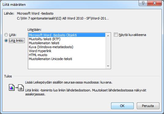 Linkitykset Linkitys on tiedonsiirtoa asiakirjasta toiseen tai ohjelmasta toiseen. Word tiedostojen linkitys Tuodessasi tekstin tai kuvan toisesta Word-asiakirjasta kannattaa sinun usein linkittää se.