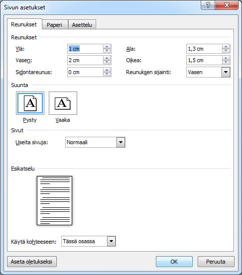 Sivun asetukset (Page Setup) -valintaikkuna Reunukset (Margins) -välilehti Sivun asetukset (Page Setup) -valintaikkunaan pääset Sivun asettelu (Page Layout) -välilehden Sivun asetukset (Page Setup)