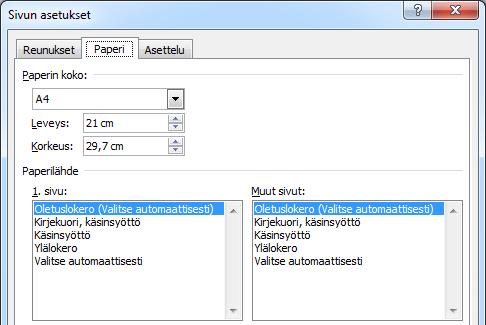 Paperi (Paper) -välilehti Paperi (Paper) -välilehdellä ei juuri tarvitse tehdä asetusmuutoksia. Kannattaa kuitenkin tarkastaa, että valittu arkkikoko on oikea.