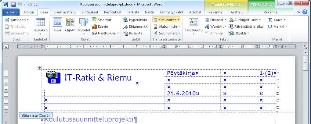 Ylä- ja alatunnisteen luominen Ylä- ja alatunniste on tarkoitettu kaikilla sivuilla toistuvan tietosisällön sijoituspaikaksi. Tällaista toistuvaa tietoa ovat logo ja juokseva sivunumero.