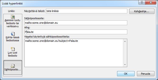 Valitse sana ja paina Ctrl + k -näppäinyhdistelmää tai napsauta Lisää (Insert) -välilehden Linkit (Links) -ryhmän Hyperlinkki (Hyperlink) -painiketta.