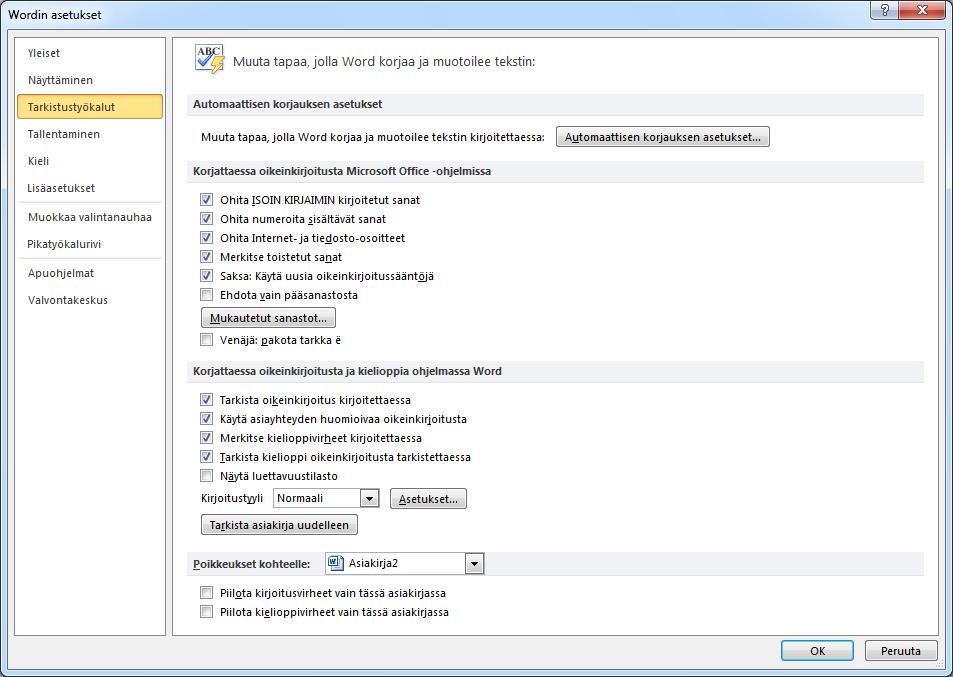 Kieliasun tarkistuksen asetukset Monipuolinen kieliasun tarkistus toiminto auttaa asiakirjatuotantoa monella tavalla. Kieliasun tarkistus toiminnolle voit määrittää paljon erilaisia asetuksia.
