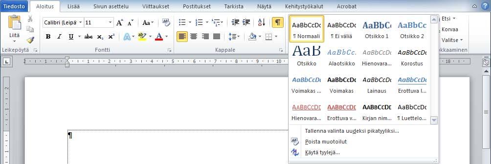 Tyylityypit Kappaletyyli (Paragraph) Kappaletyyli määrittää koko valitsemasi kappaleen ulkoasun eli muotoilun.