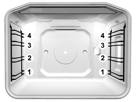 Paistotasot (mallista riippuen) Tarvikkeita (ritilä, matala paistopelti ja syvä uunipannu) voidaan käyttää uunissa neljällä paistotasolla.