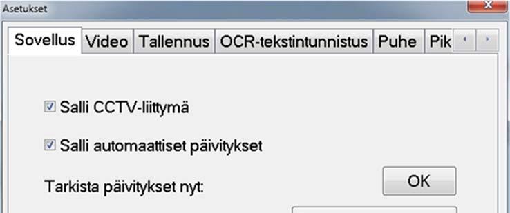 8.4.3 Tieto- ja asetusikkuna Tieto- ja asetusikkunassa on useita välilehtiä, jotka sisältävät asetusvaihtoehtoja sekä tietoja sovelluksesta. 8.4.3.1 Sovellusasetukset Salli CCTV-liittymä Kun tämä toiminto on käytössä, MagniLink S -järjestelmää voi käyttää yhdessä Dolphin- ja AiSquared-suurennusohjelmien kanssa.