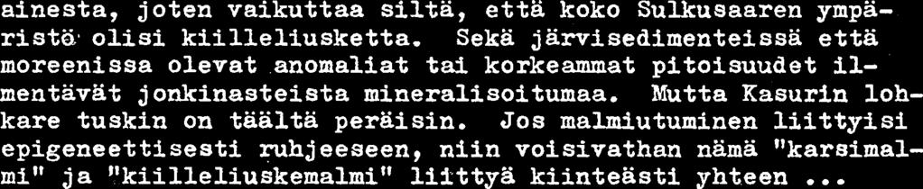 OUTOKUMPU Oy FJlalminetsinta jopa linjan A SE-puolella. Moreenin raskasmetallipitoisuudet ovat kuitenkin niin pienia, ettei niiden perusteella mitaan supermalmia voine toivoa.