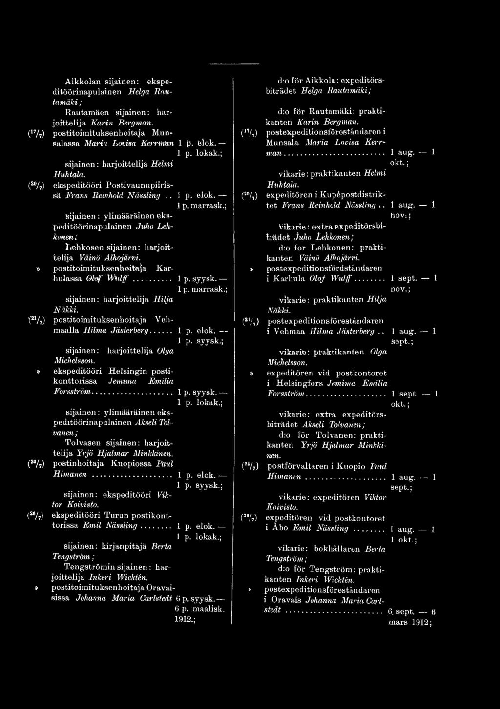 » ekspeditööri H elsingin postikonttorissa Jemuna Emilia Forsström... l p. syysk. 1 p. lokak.