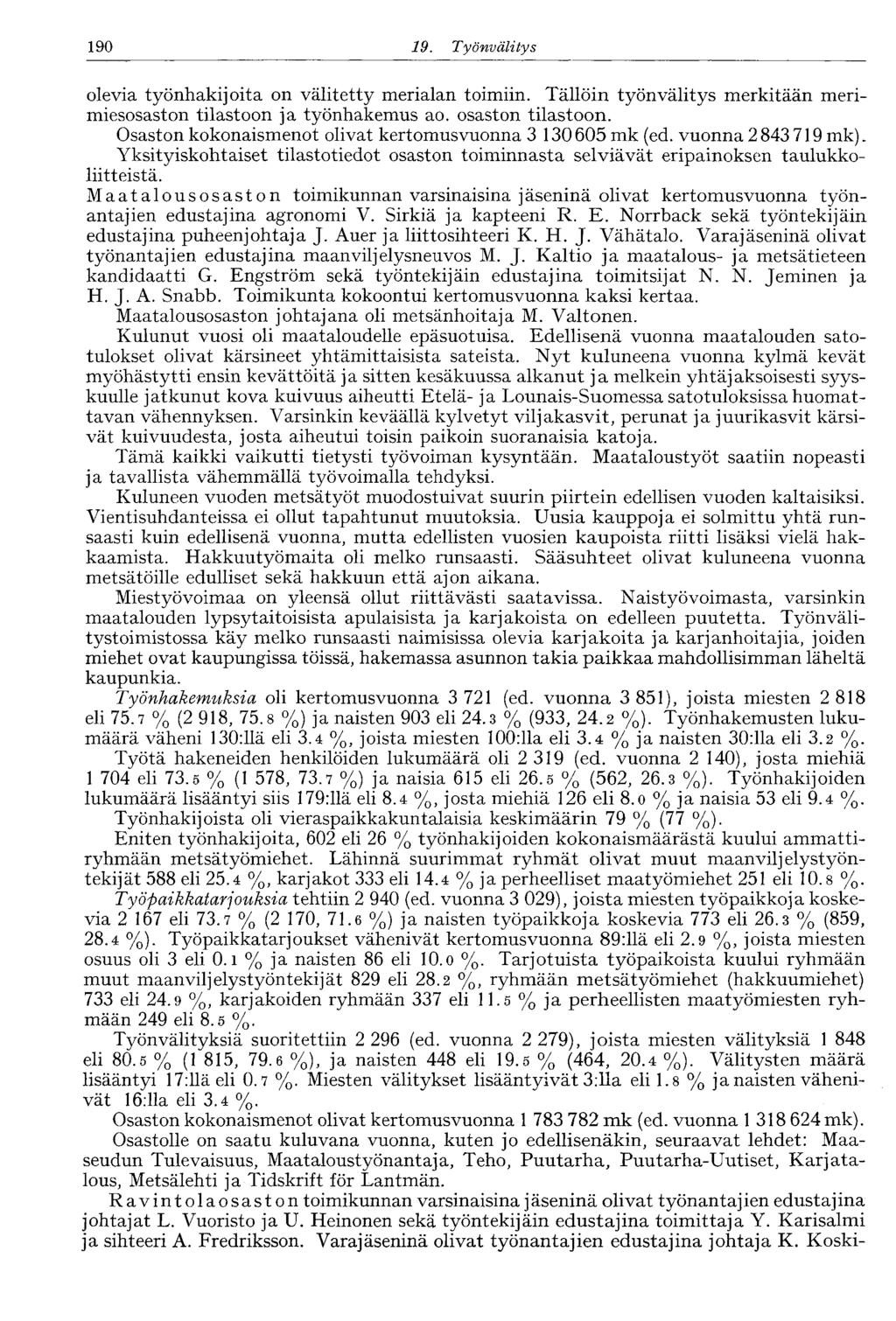 190 19. Työnvälitys olevia työnhakijoita on välitetty merialan toimiin. Tällöin työnvälitys merkitään merimiesosaston tilastoon ja työnhakemus ao. osaston tilastoon.