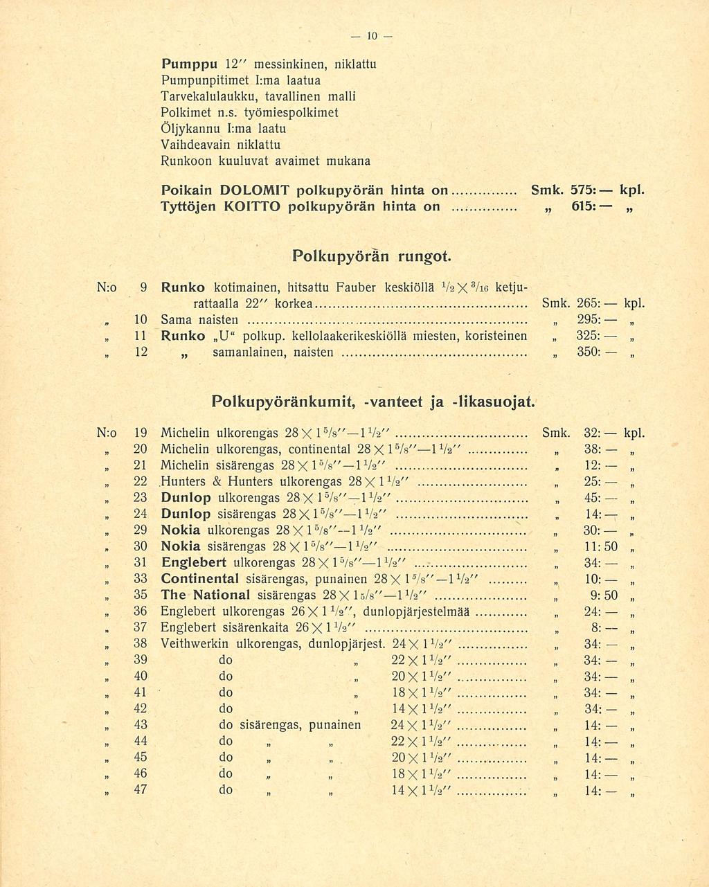 25: Pumppu 12" messinkinen, niklattu Pumpunpitimet I:ma laatua Tarvekalulaukku, tavallinen malli Polkimet n.s. työmiespolkimet Öljykannu I:ma laatu Vaihdeavain niklattu Runkoon kuuluvat avaimet mukana Poikain DOLOMIT polkupyörän hinta on Smk.