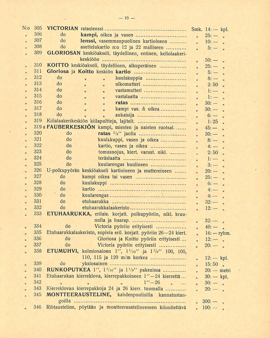 N:o 305 VICTORIAN rataslenssi Smk. 14: kpl.» 306 do kampi, oikea ja vasen 25: 307.. do lenssi, vasemmanpuolinen kartioineen 10;.