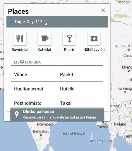 Paikannus Places (Paikat) ja Maps (Kartat) Google Places Places-toiminto antaa tietoja