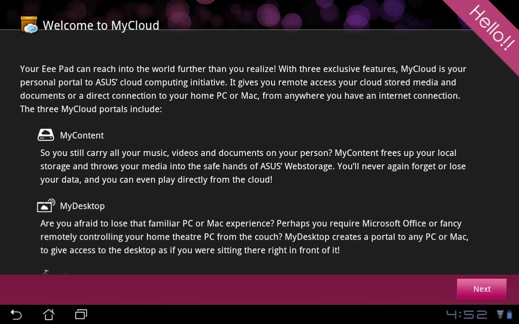 MyCloud MyCloud koostuu toiminnoista MyContent (Oma sisältö), MyDesktop (Oma työpöytä) ja @Vibe. Se on kokonaisvaltainen ratkaisu pilvisisällön käyttöä varten. MyCloudin käyttäminen 1.