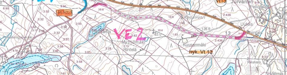 Ohituskaistaosuuden itäpuolinen liittymä (VE2): maantien lisäpituus n. 1,7 km, uutta rakennettavaa maantietä n. 0,2 km. Kuva 5.